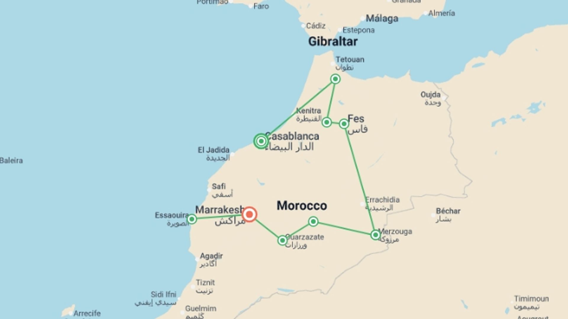 A map showing the tour itinerary for the trip: Morocco Family Adventure: From Casablanca to the Sahara, starting in Casablanca, Morocco and ending in Marrakech, Morocco going through 8 other destinations.