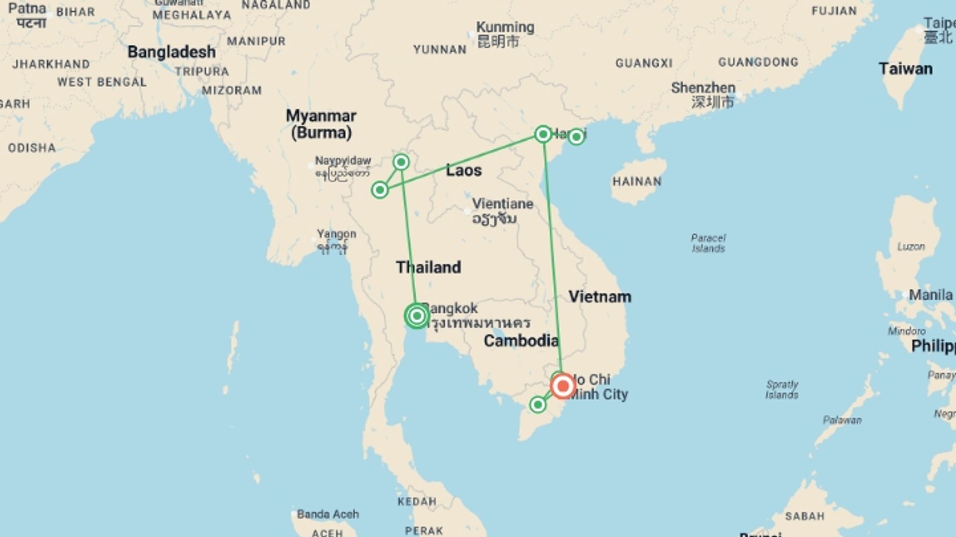 A map showing the tour itinerary for the trip: Scenic Thailand & Vietnam - 13 days, starting in Bangkok, Thailand and ending in Ho Chi Minh City, Vietnam going through 6 other destinations.