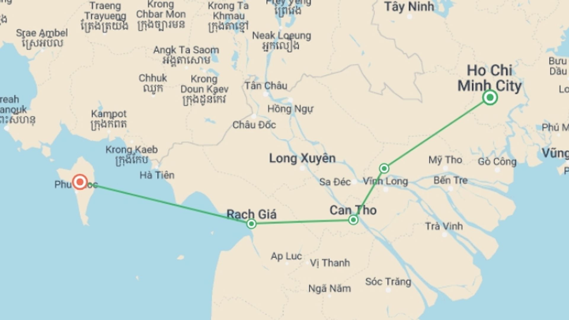 A map showing the tour itinerary for the trip: Two-day Mekong cruise: Saigon to Phu Quoc, starting in Ho Chi Minh City, Vietnam and ending in Phu Quoc Island, Vietnam going through 2 other destinations.