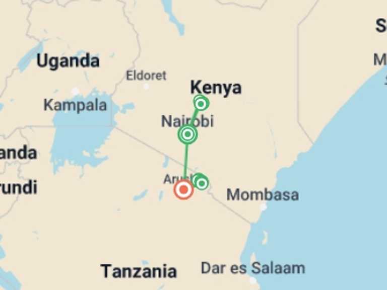Map itinerary of Nairobi Tour in Winter with 13 destination visits for the trip: Twin Peaks