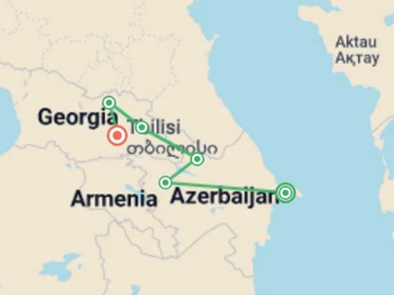 Map of Europe Tour with 6 destination visits for the trip: Highlights of Azerbaijan & Georgia