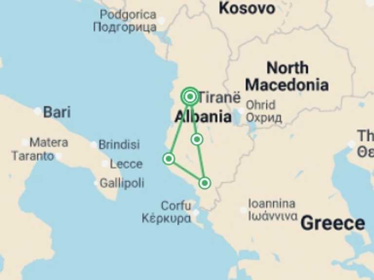 Map itinerary of Europe Tour in June 2026 with 4 destination visits for the trip: Heart of Albania