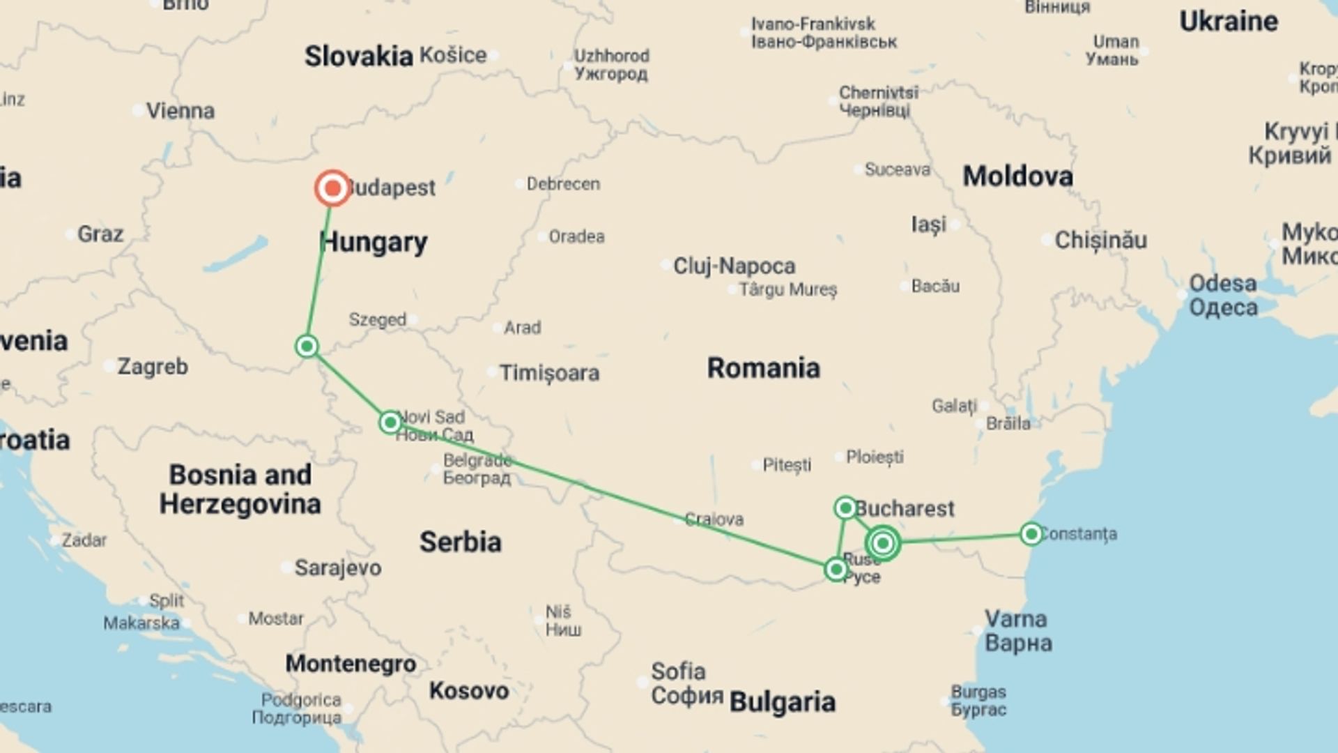 A map showing the tour itinerary for the trip: Along the Danube, the Balkan peninsula and Budapest (port-to-port cruise), starting in Oltnenita, Romania and ending in Budapest, Hungary going through 5 other destinations.