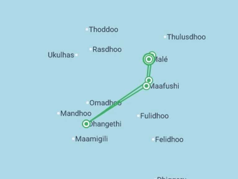 Map of 8-Day South Asia Tour with 5 destination visits for the trip: Maldives Whale Shark Conservation Cruise - 8 days