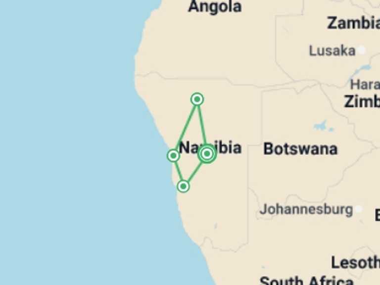 Map of Namibia Tour with 4 destination visits for the trip: Nomadic Namibia Reunion 35 to 45