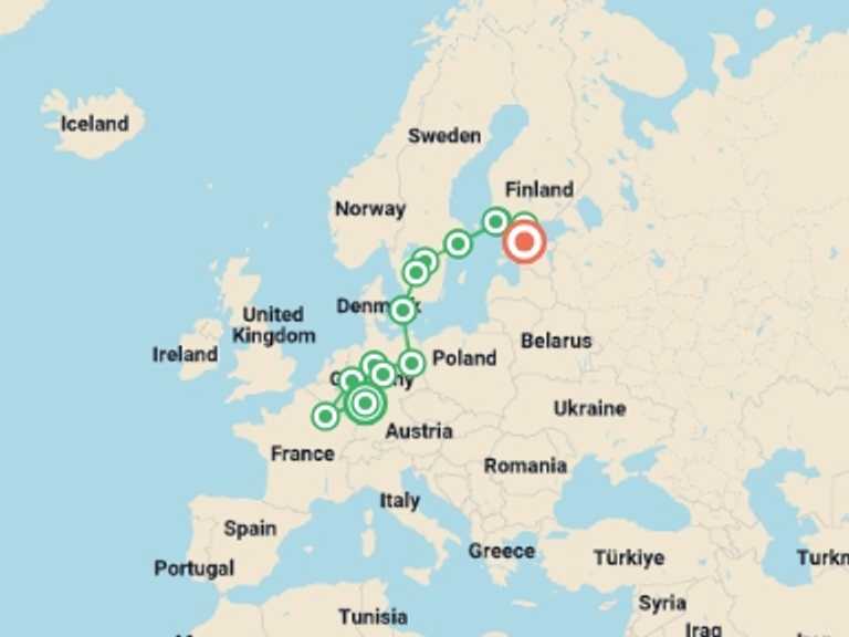 Map of Europe Explorer Tour with 9 destination visits for the trip: German Trek End Tallinn