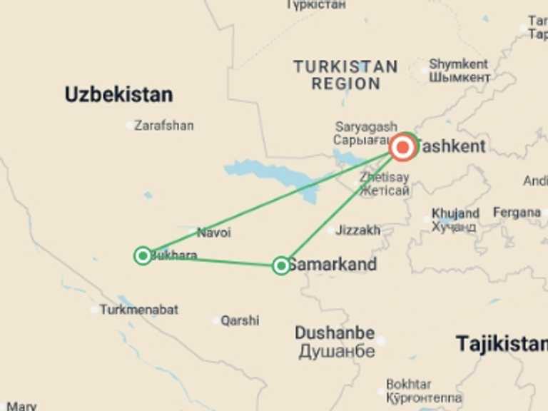 Map itinerary of Asia Tour in June 2026 with 4 destination visits for the trip: Tashkent, Bukhara & Samarkand - 7 days