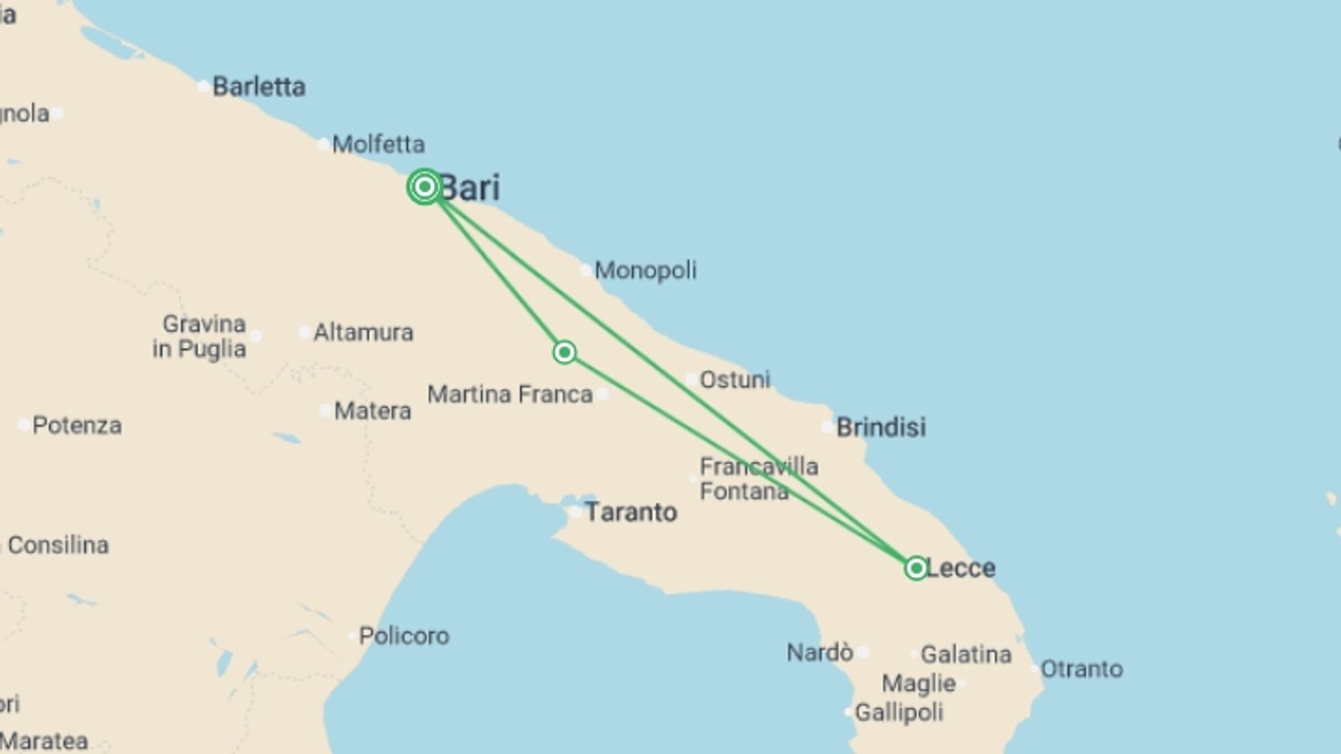 A map showing the tour itinerary for the trip: Best of Puglia: Small Group Tour, starting in Bari, Italy and ending in Bari, Italy going through 2 other destinations.