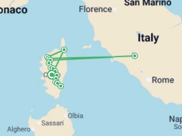 Map itinerary of Mediterranean Tour in July 2026 with 15 destination visits for the trip: Trek the GR20 of Corsica