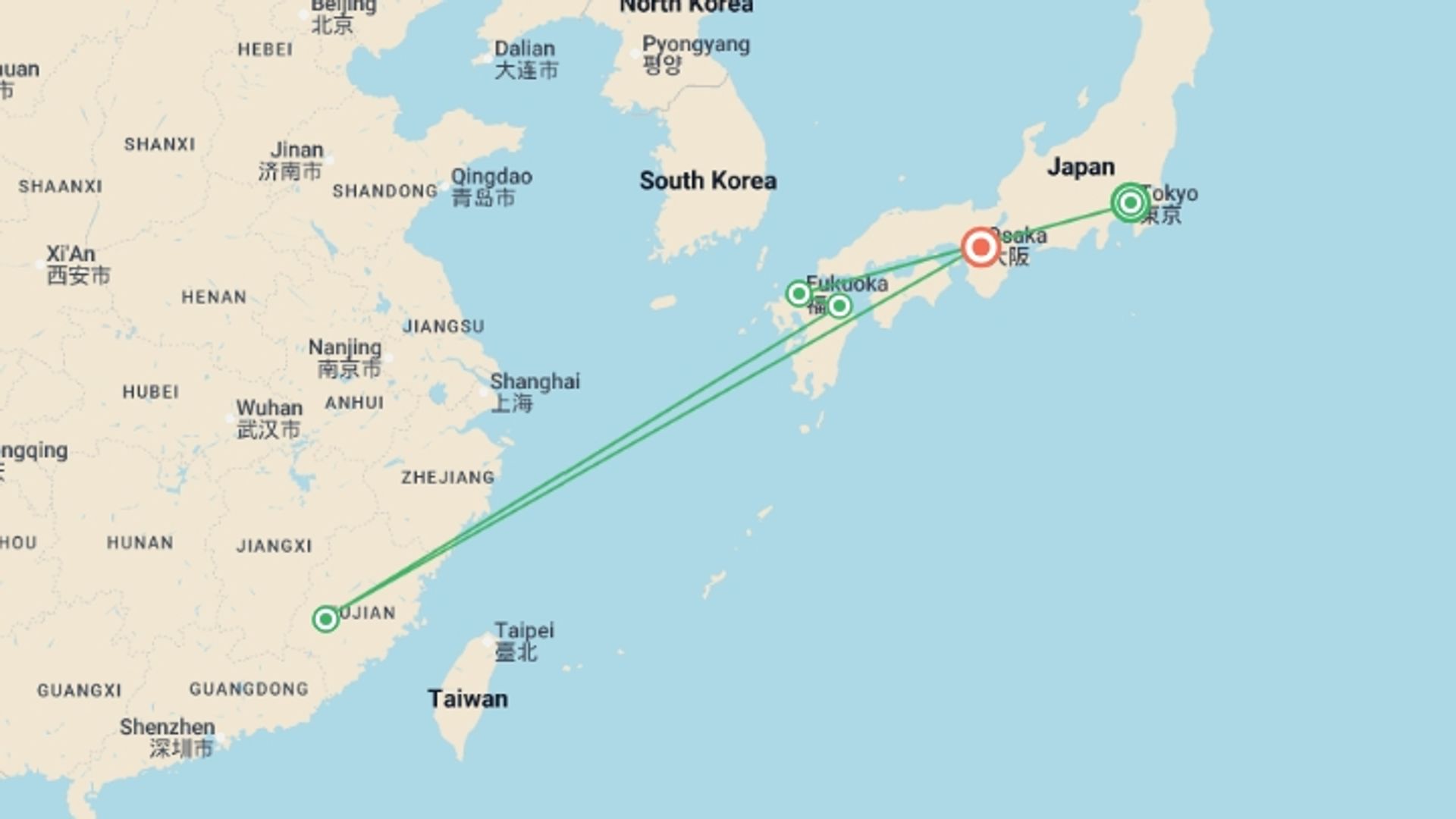 A map showing the tour itinerary for the trip: Japan Unveiled: From Tokyo Streets to Okinawa Shores, starting in Tokyo, Japan and ending in Osaka, Japan going through 3 other destinations.