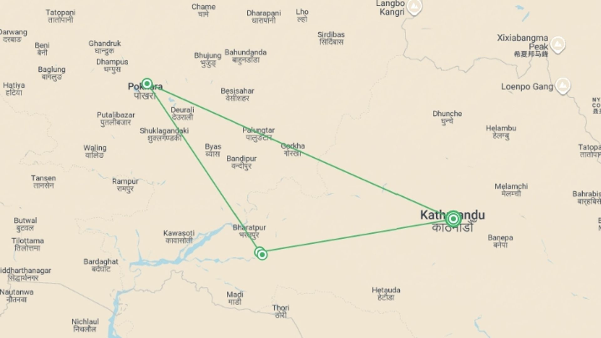 A map showing the tour itinerary for the trip: Highlights of Nepal, starting in Kathmandu, Nepal and ending in Kathmandu, Nepal going through 3 other destinations.