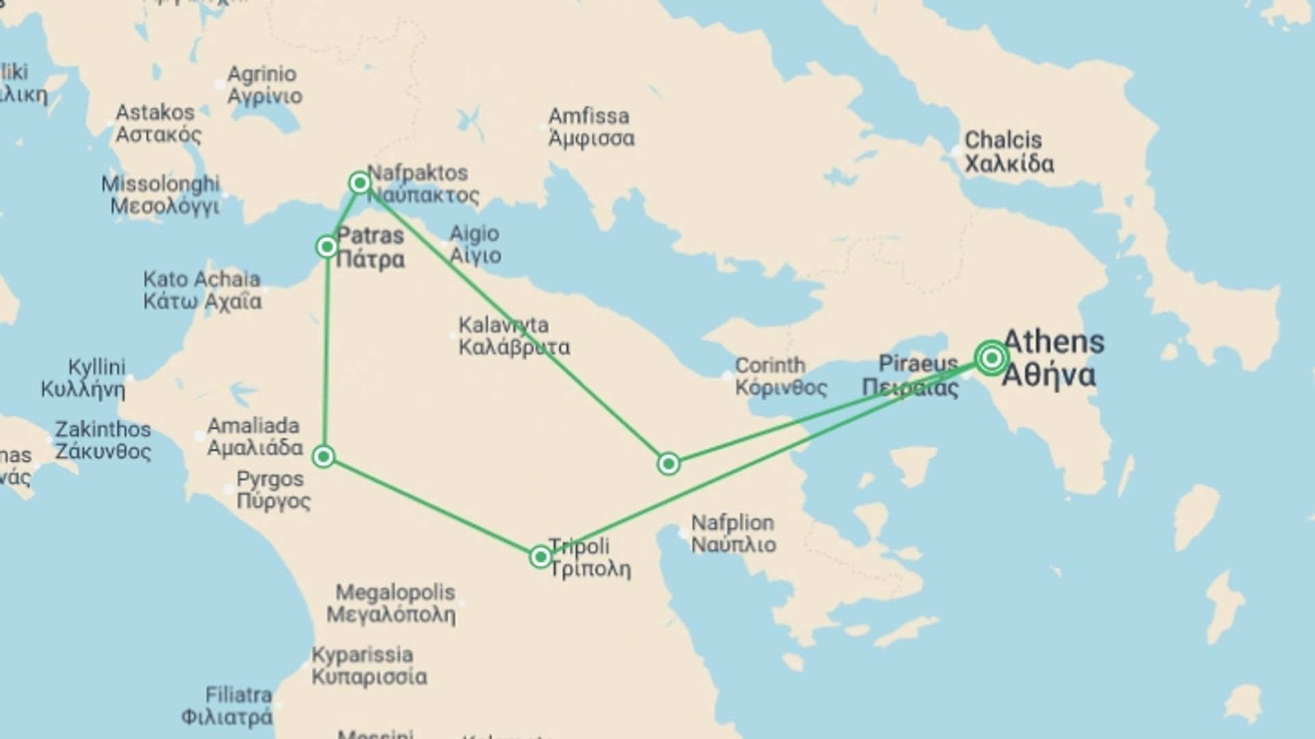 A map showing the tour itinerary for the trip: Radiant Peloponnese, starting in Athens, Greece and ending in Athens, Greece going through 1 other destinations.