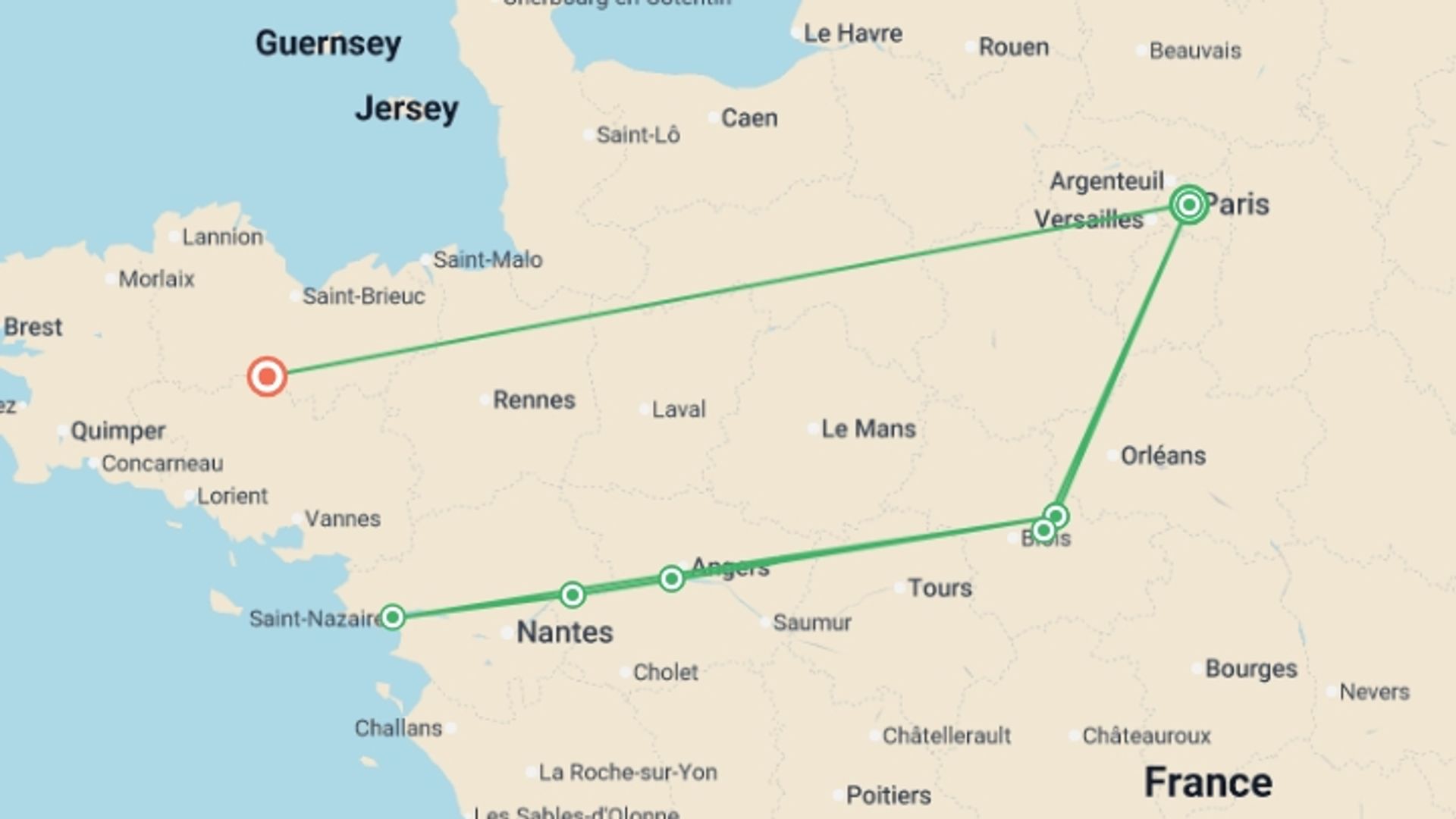 A map showing the tour itinerary for the trip: From the Châteaux of Chambord and Chenonceau to the Loire Valley, starting in Paris, France and ending in Brittany, France going through 4 other destinations.