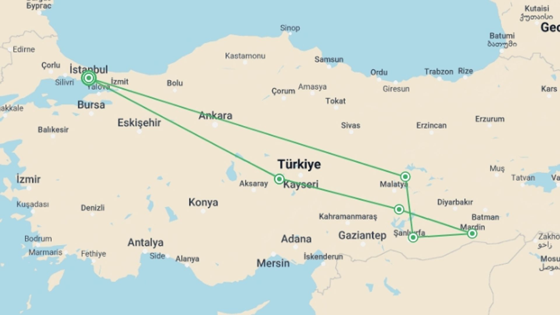 A map showing the tour itinerary for the trip: 11-Day Guided Mesopotamia Tour from Istanbul, starting in Istanbul, Turkey and ending in Istanbul, Turkey going through 5 other destinations.