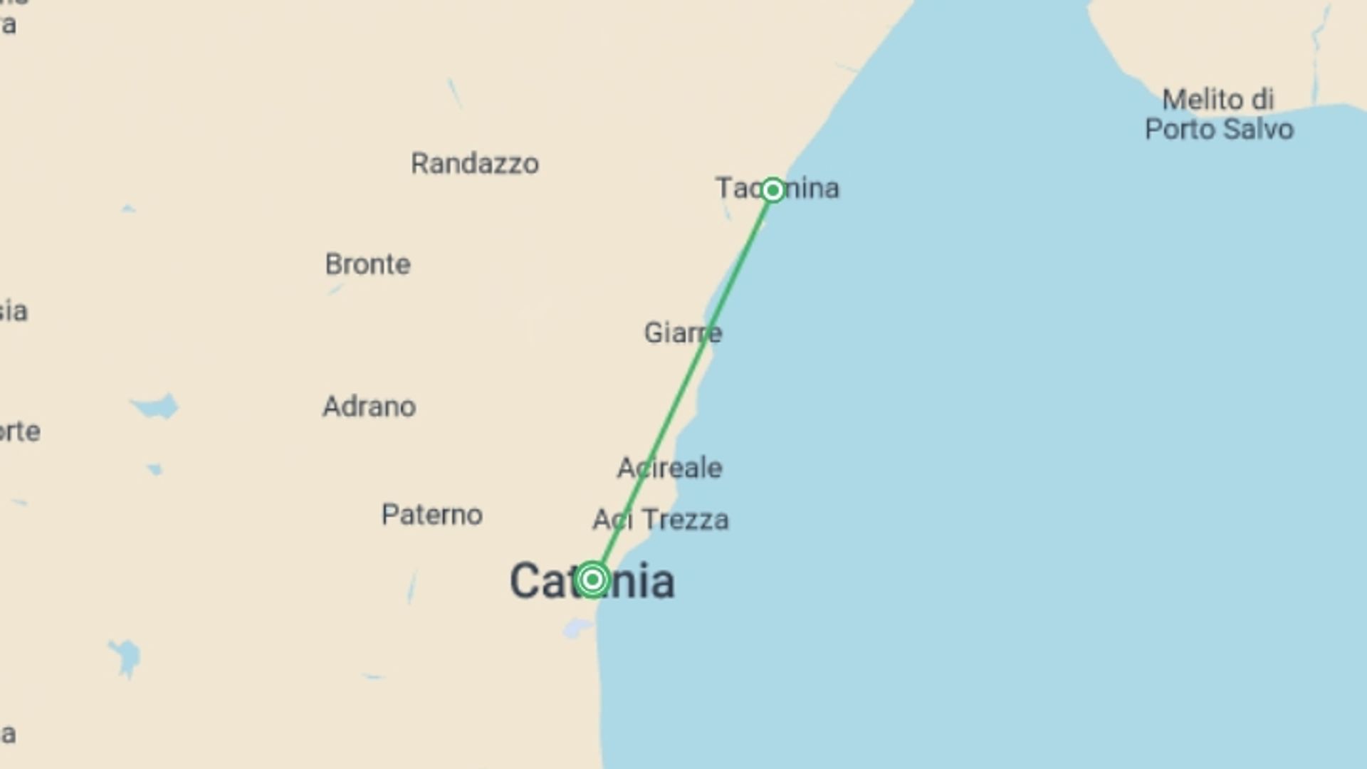 A map showing the tour itinerary for the trip: Treasures Of Sicily, starting in Catania, Italy and ending in Catania, Italy going through 1 other destinations.