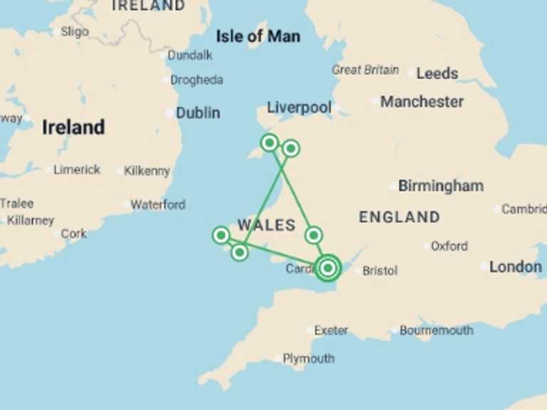 Map itinerary of UK and Britain Tour in August 2026 with 6 destination visits for the trip: The Wonders of Wales