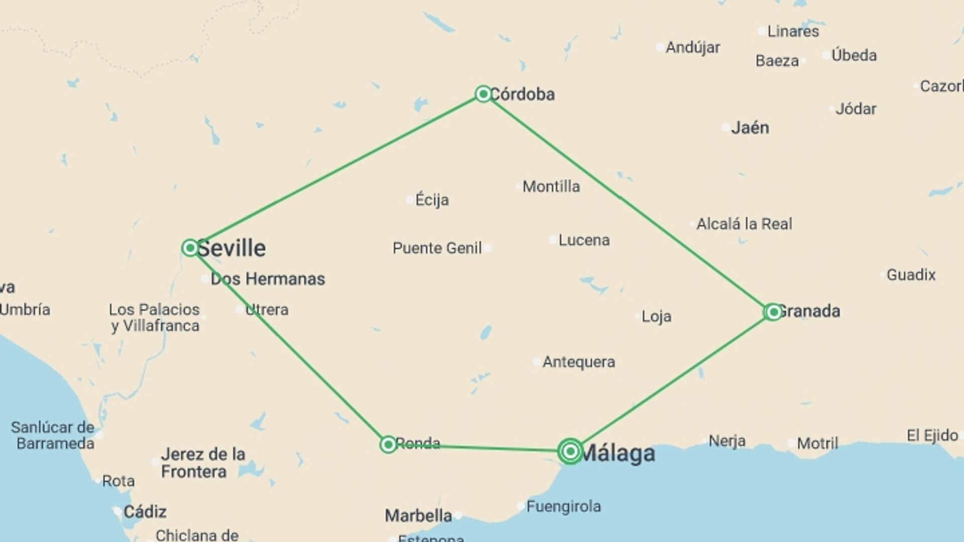 A map showing the tour itinerary for the trip: Moorish Andalucia, starting in Malaga, Spain and ending in Malaga, Spain going through 5 other destinations.