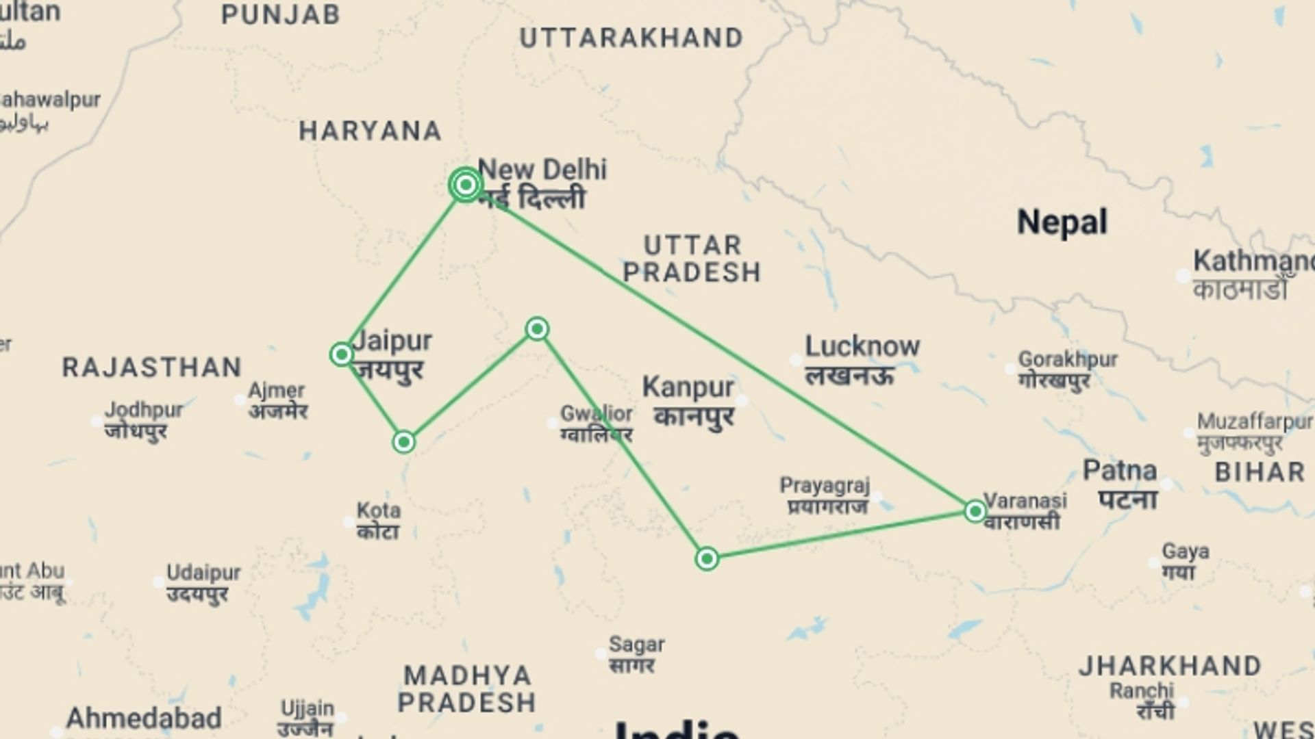 A map showing the tour itinerary for the trip: Mysteries of India , starting in New Delhi, India and ending in New Delhi, India going through 5 other destinations.