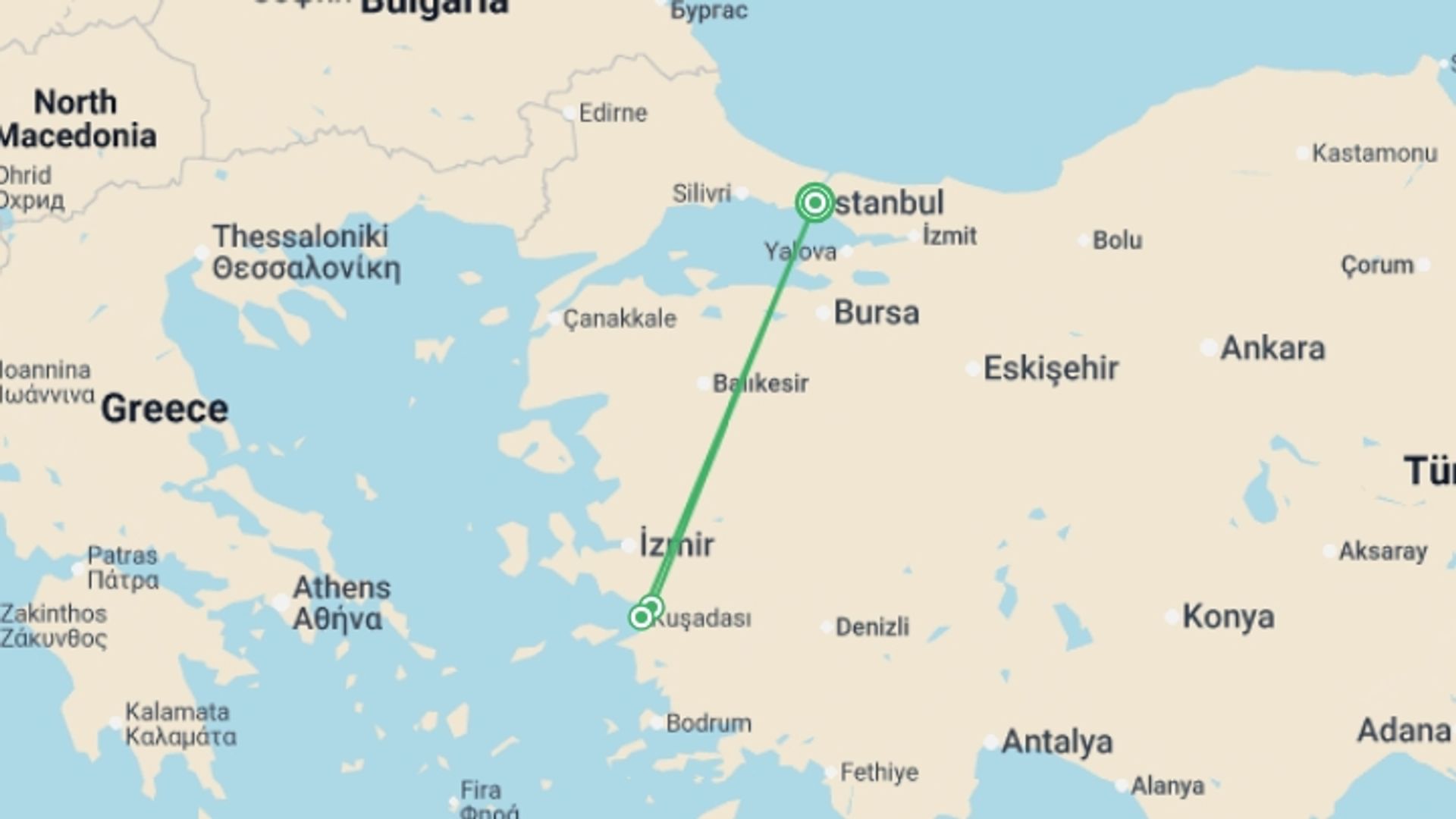 A map showing the tour itinerary for the trip: Istanbul and Ephesus, starting in Istanbul, Turkey and ending in Istanbul, Turkey going through 1 other destinations.