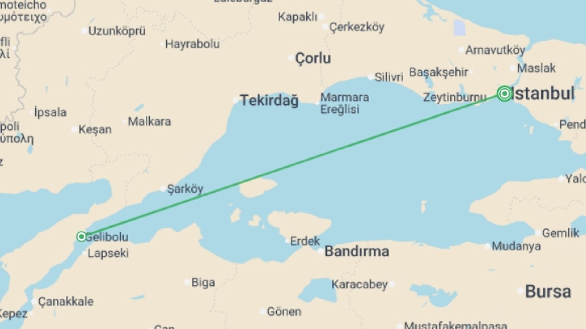 A map showing the tour itinerary for the trip: Anzac Day Tour-3 Days, starting in Istanbul, Turkey and ending in Istanbul, Turkey going through 1 other destinations.