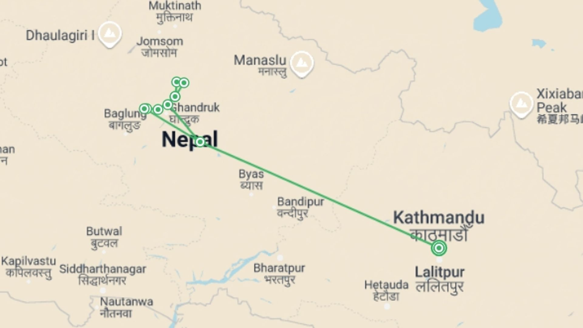 A map showing the tour itinerary for the trip: Annapurna Base Camp Trek via Poon Hill, starting in Kathmandu, Nepal and ending in Kathmandu, Nepal going through 9 other destinations.