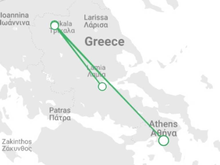 Map itinerary of Europe Tour in April 2026 with 2 destination visits for the trip: Delphi & Meteora 2D/1N