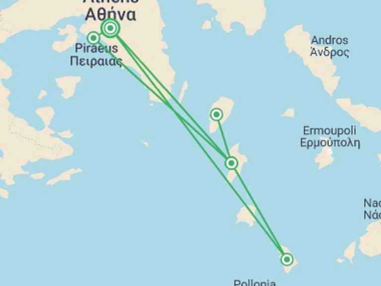 Map of Athens Sailing, yachting and motor boating Tour with 5 destination visits for the trip: Greek Islands Bike & Boat