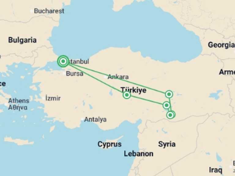 Map itinerary of Balkans Tour in August 2026 with 6 destination visits for the trip: Istanbul, Cappadocia & Mesopotamia - 9 days