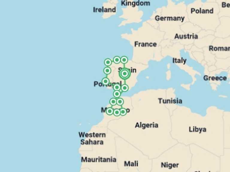 Map of Mediterranean Tour with 14 destination visits for the trip: Fantasies from Spain and Portugal and Mysterious Morocco