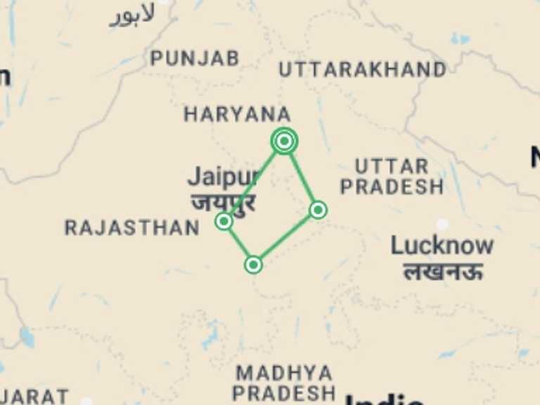 Map itinerary of India Tour in September 2027 with 4 destination visits for the trip: Taj Mahal Tour + Tiger Safari