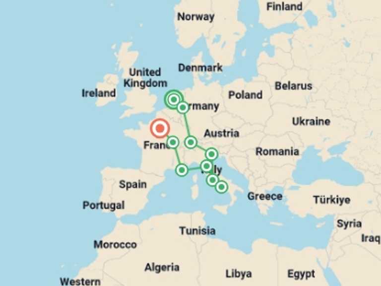 Map itinerary of Mediterranean Tour in May 2026 with 10 destination visits for the trip: European Cavalcade