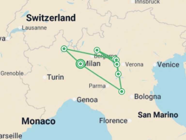 Map itinerary of Milan Tour in June 2026 with 7 destination visits for the trip: Northern Italian Lakes & Countryside