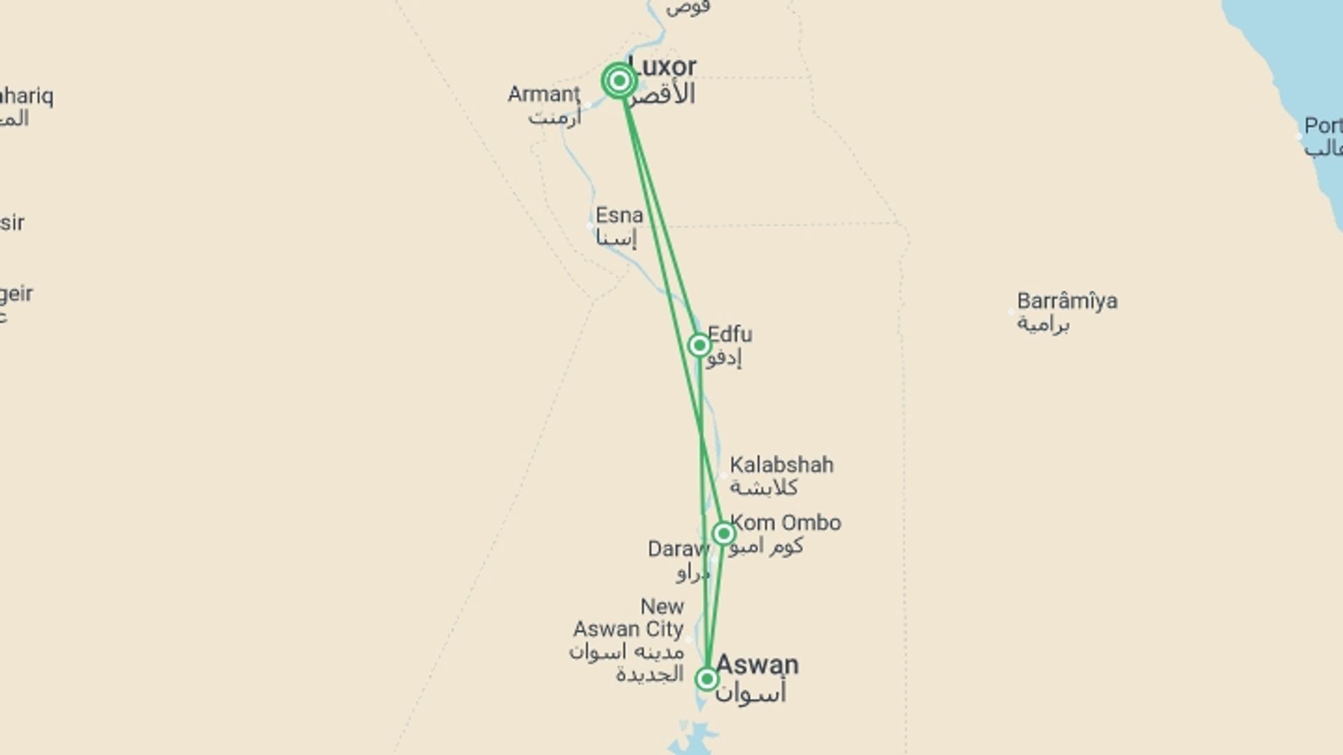 A map showing the tour itinerary for the trip: Cruise on the Nile: The Land of the Pharaohs (port-to-port cruise), starting in Luxor, Egypt and ending in Luxor, Egypt going through 3 other destinations.
