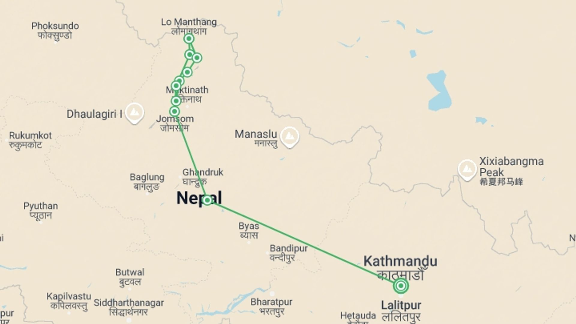A map showing the tour itinerary for the trip: Upper Mustang Trek, starting in Kathmandu, Nepal and ending in Kathmandu, Nepal going through 10 other destinations.