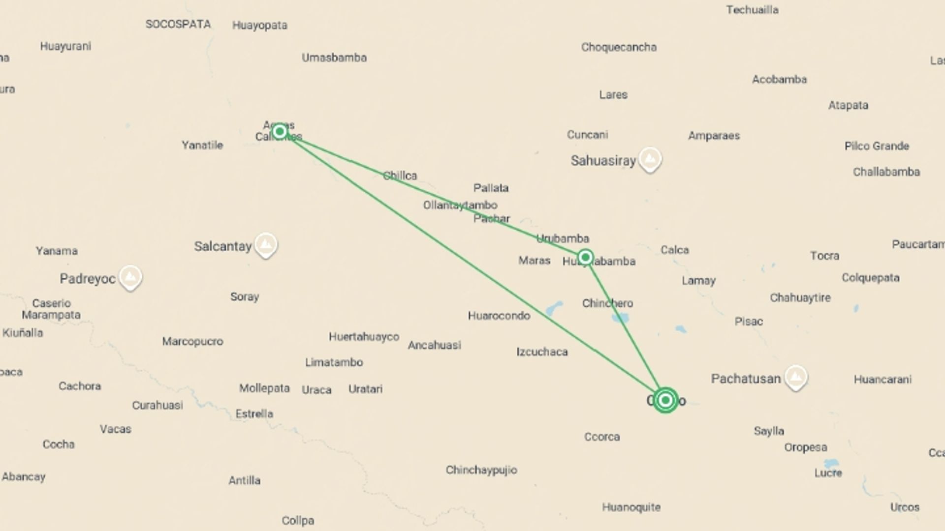 A map showing the tour itinerary for the trip: Machu Picchu & the Sacred Valley - 5 days, starting in Cusco, Peru and ending in Cusco, Peru going through 1 other destinations.