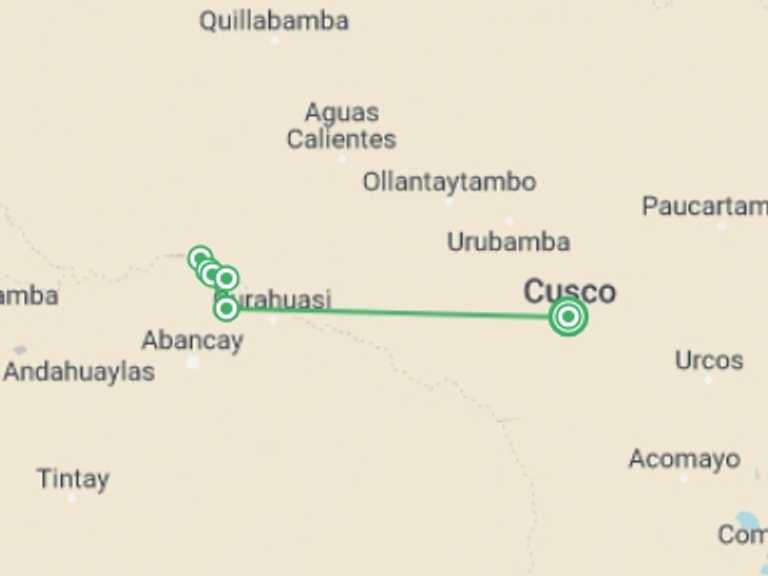 Map of 4-Day Cusco Tour with 4 destination visits for the trip: 4-Day Choquequirao Trek Tour from Cusco