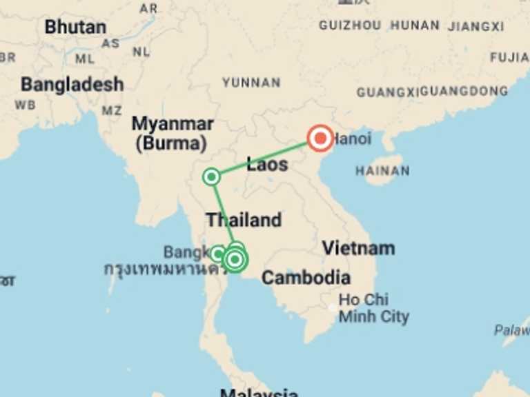 Map of Asia Tour with 5 destination visits for the trip: Bangkok to Hanoi: Chiang Mai, Night Markets & Streetside Bars