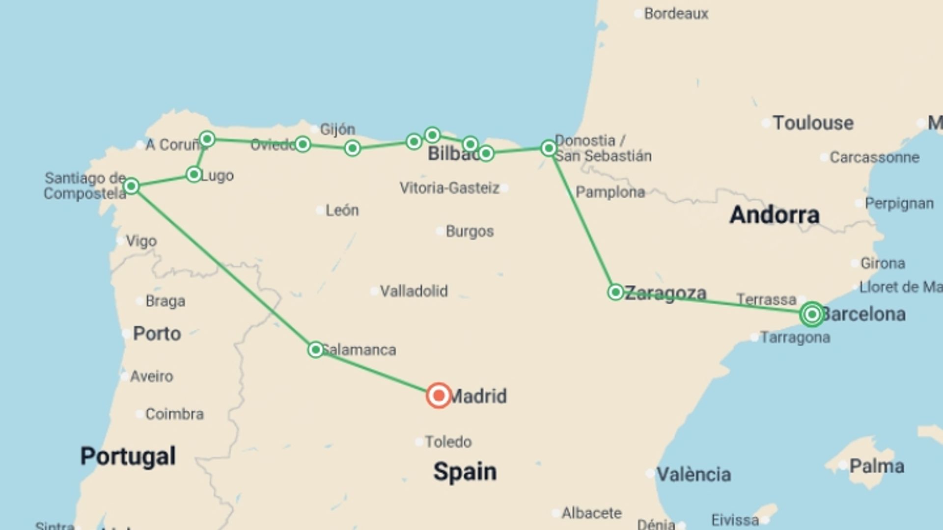A map showing the tour itinerary for the trip: Barcelona, Northern Spain & Madrid - 10 days, starting in Barcelona, Spain and ending in Madrid, Spain going through 4 other destinations.