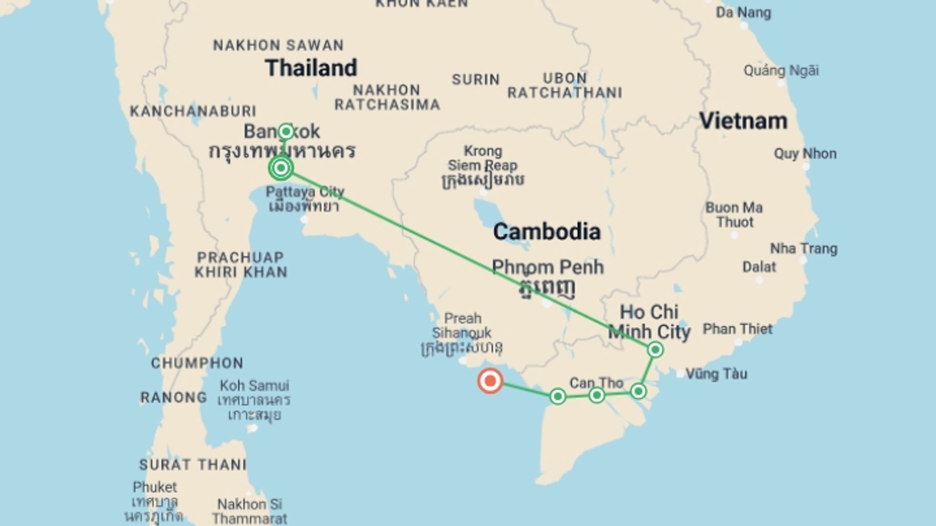 A map showing the tour itinerary for the trip: Thailand to Vietnam 10 Days, starting in Bangkok, Thailand and ending in Phu Quoc, Vietnam going through 6 other destinations.
