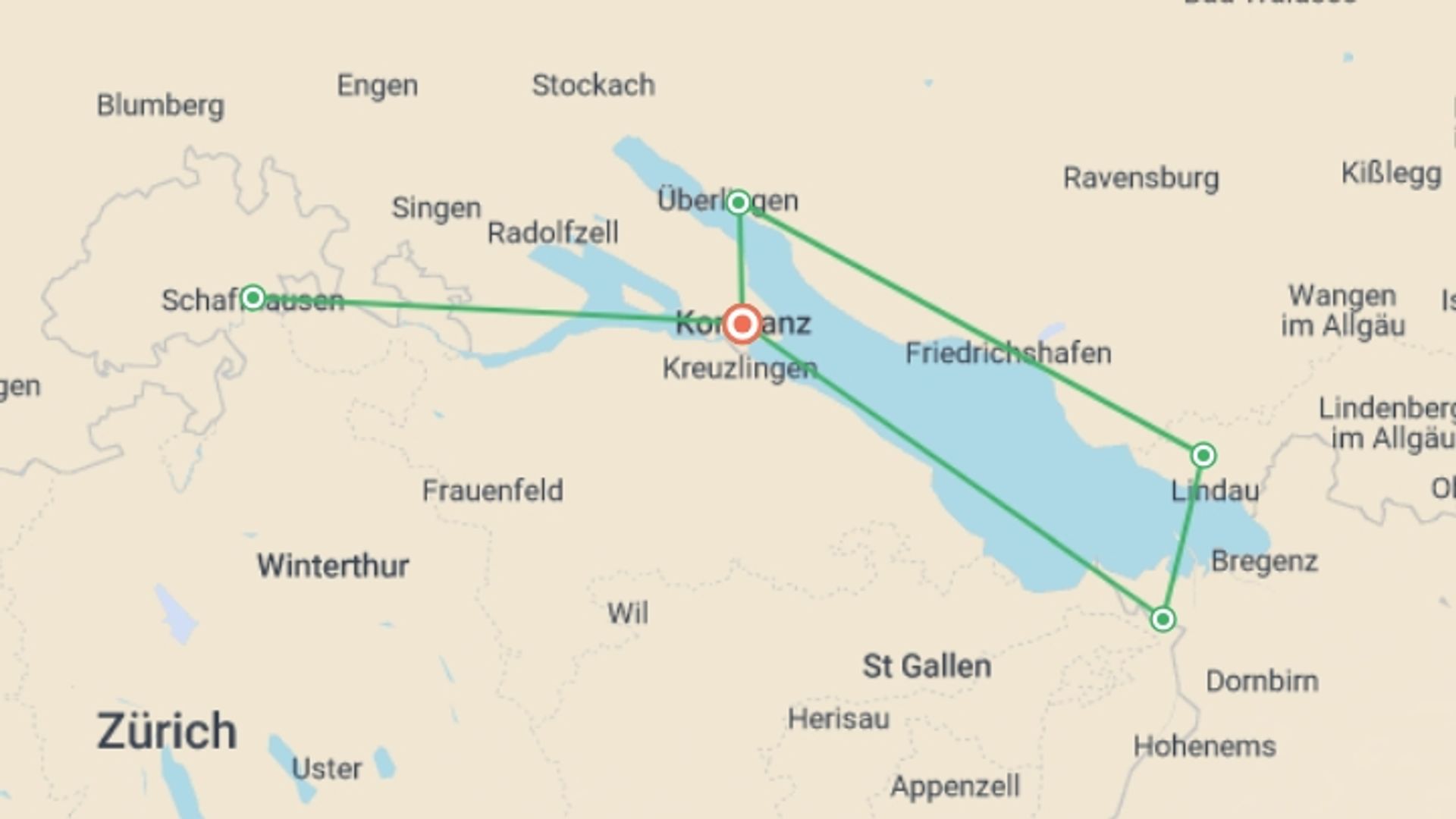 A map showing the tour itinerary for the trip: Lake Constance Circuit by Bike, starting in Konstanz, Germany and ending in Constance, Germany going through 4 other destinations.