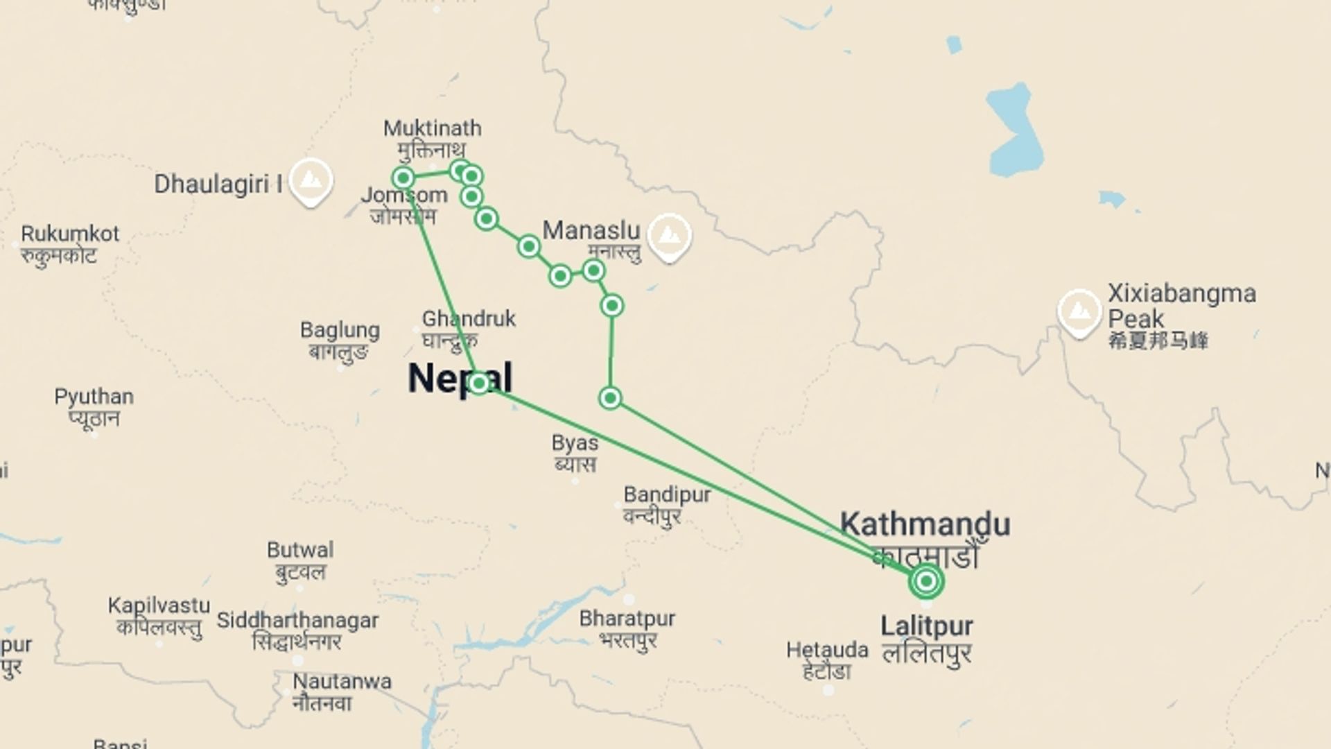 A map showing the tour itinerary for the trip: Annapurna Circuit Trek, starting in Kathmandu, Nepal and ending in Kathmandu, Nepal going through 12 other destinations.