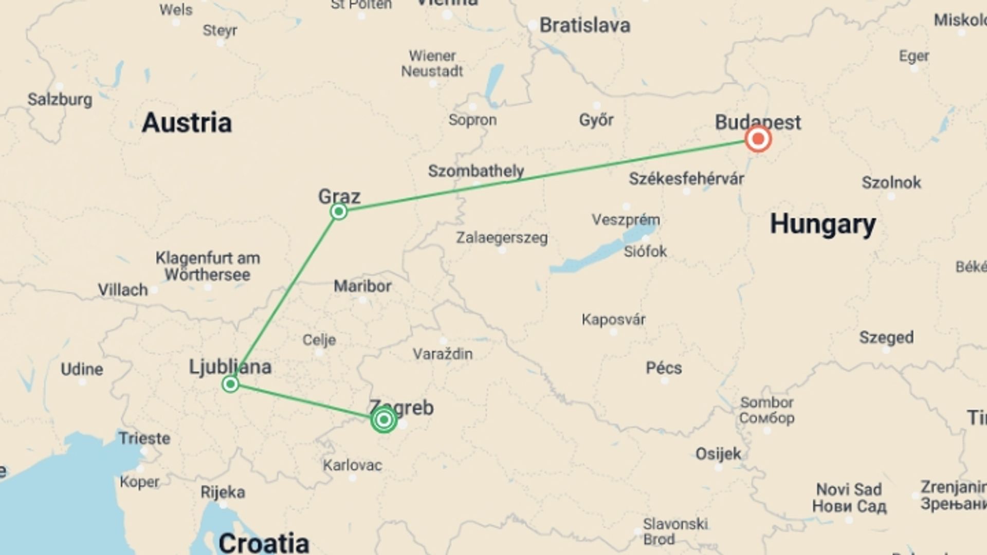 A map showing the tour itinerary for the trip: Christmas in Eastern Europe: Zagreb to Budapest, starting in Zagreb, Croatia and ending in Budapest, Hungary going through 2 other destinations.