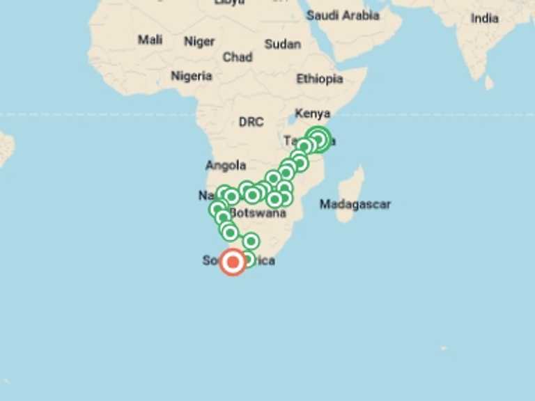 Map of a Waterfalls Tour with 26 destination visits for the trip: Zanzibar to Cape Town