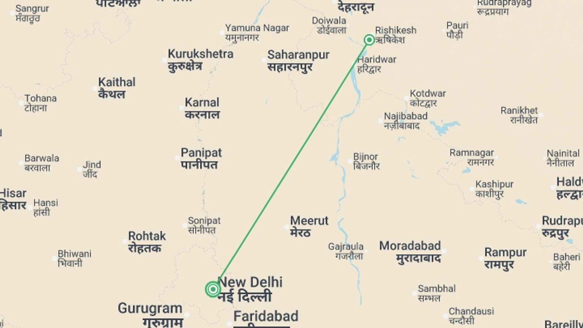 A map showing the tour itinerary for the trip: Rishikesh Yoga Retreat 7D/6N, starting in New Delhi, India and ending in New Delhi, India going through 1 other destinations.