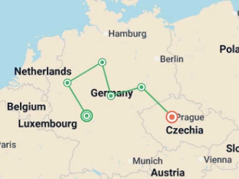 Map of Europe Tour with 6 destination visits for the trip: Tour of the Heart of Germany, Ending in Prague