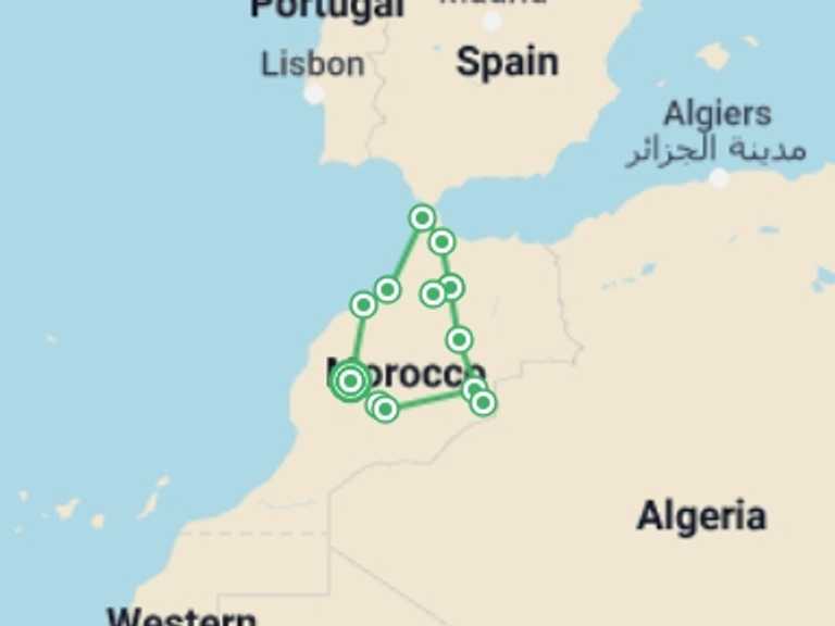 Map of 10-Day Marrakech Tour with 6 destination visits for the trip: Morocco Full Immersion, Private Tour