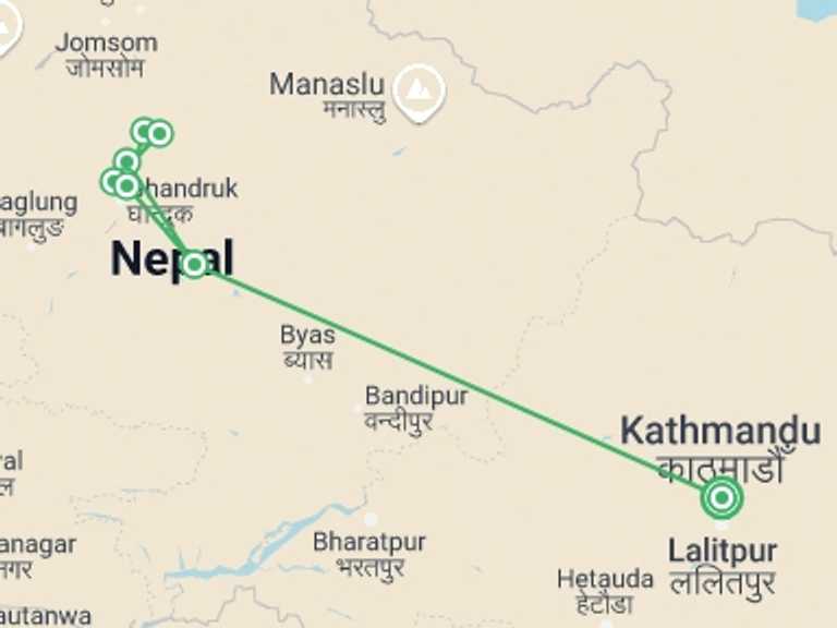 Map of 11-Day Pokhara Tour with 9 destination visits for the trip: Annapurna Base Camp Trek
