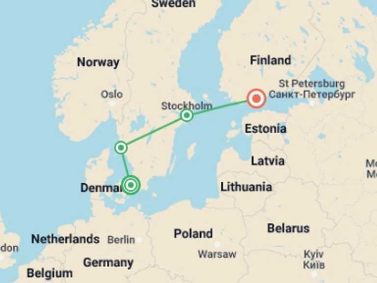 Map of Scandinavia Tour with 4 destination visits for the trip: Essential Scandinavia