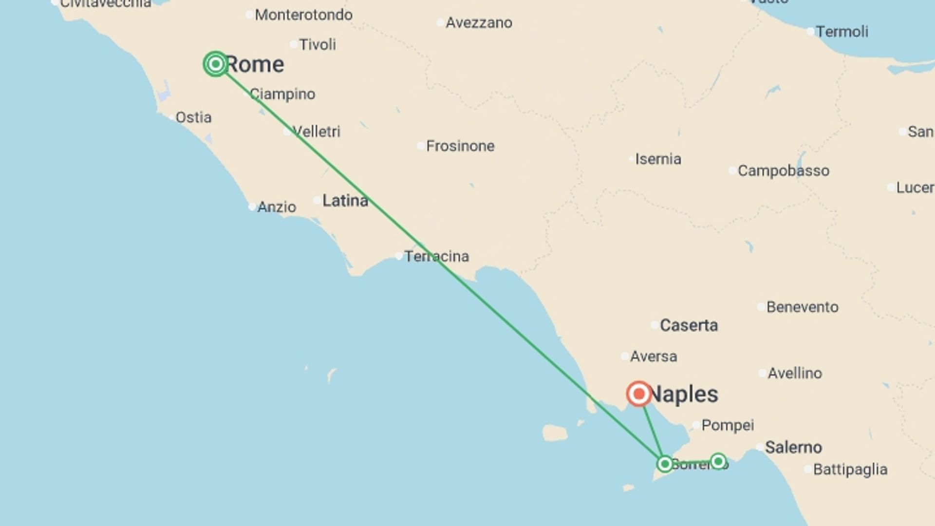 A map showing the tour itinerary for the trip: Best of Rome & the Amalfi Coast, starting in Rome, Italy and ending in Naples, Italy going through 2 other destinations.