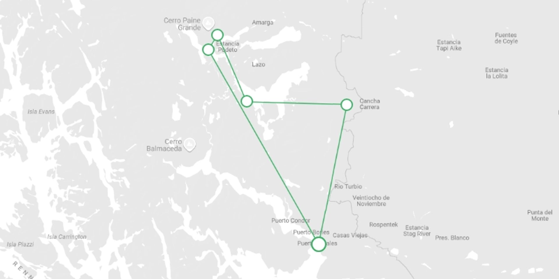 A map showing the tour itinerary for the trip: Torres del Paine 'W' Trek in 5 days, starting in Puerto Natales, Chile and ending in Puerto Natales, Chile going through 2 other destinations.